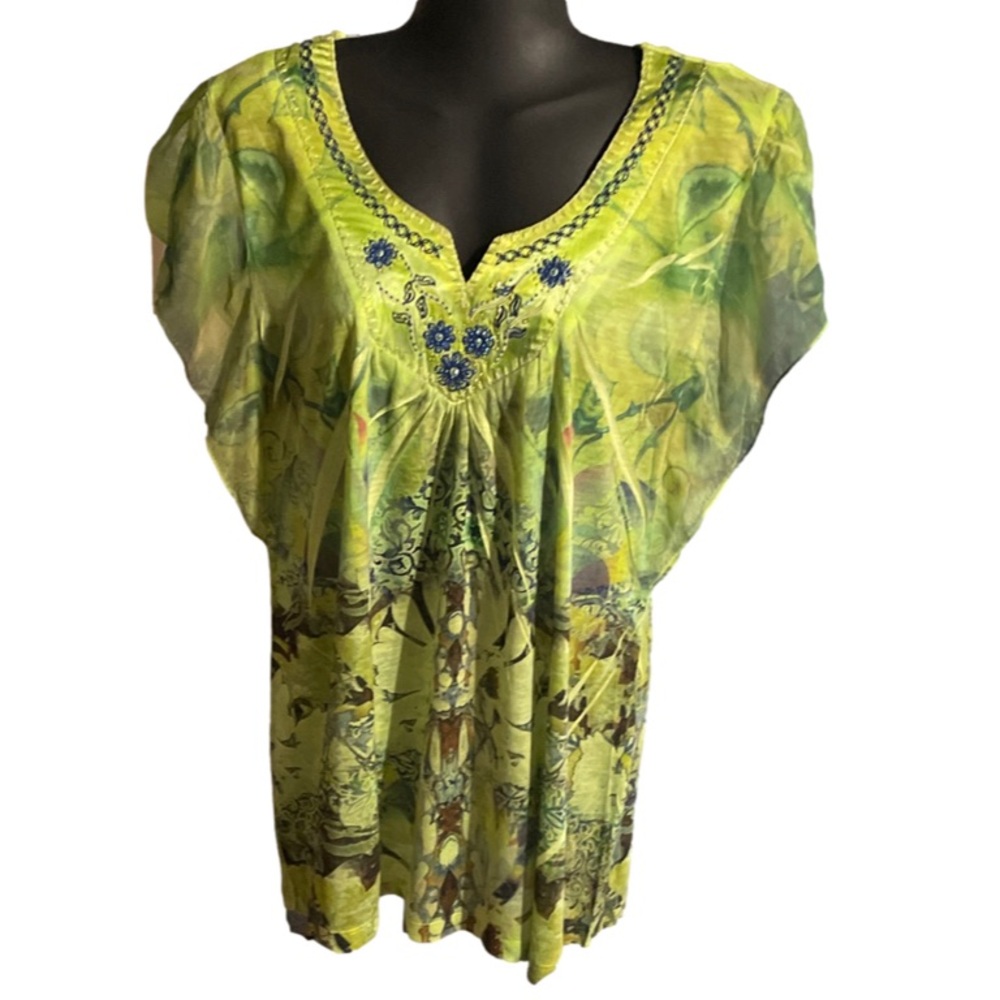 NWOT XL One Worldyellow & blue embellished embroidered tunic top shirt